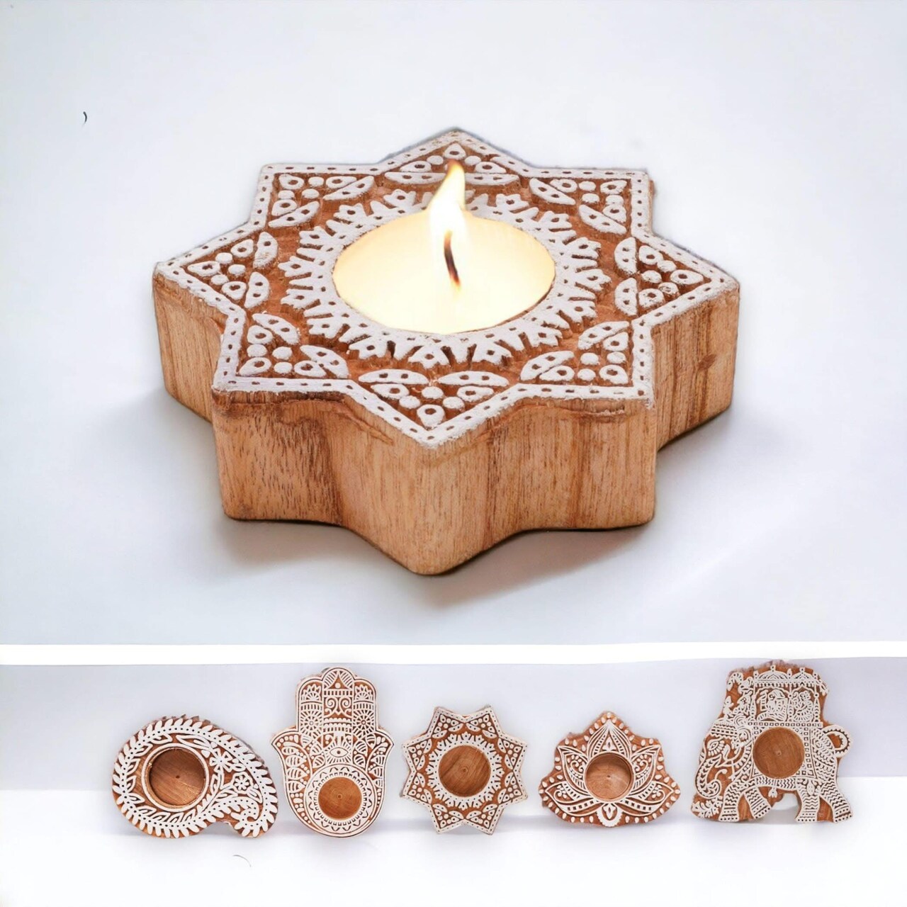 Wooden Block Print Tea Light Candle Holders for Diwali Handmade Tlight for Deepawali Decoration Items Designer Diya Deepam for Goddess Worship Housewarming Gifts